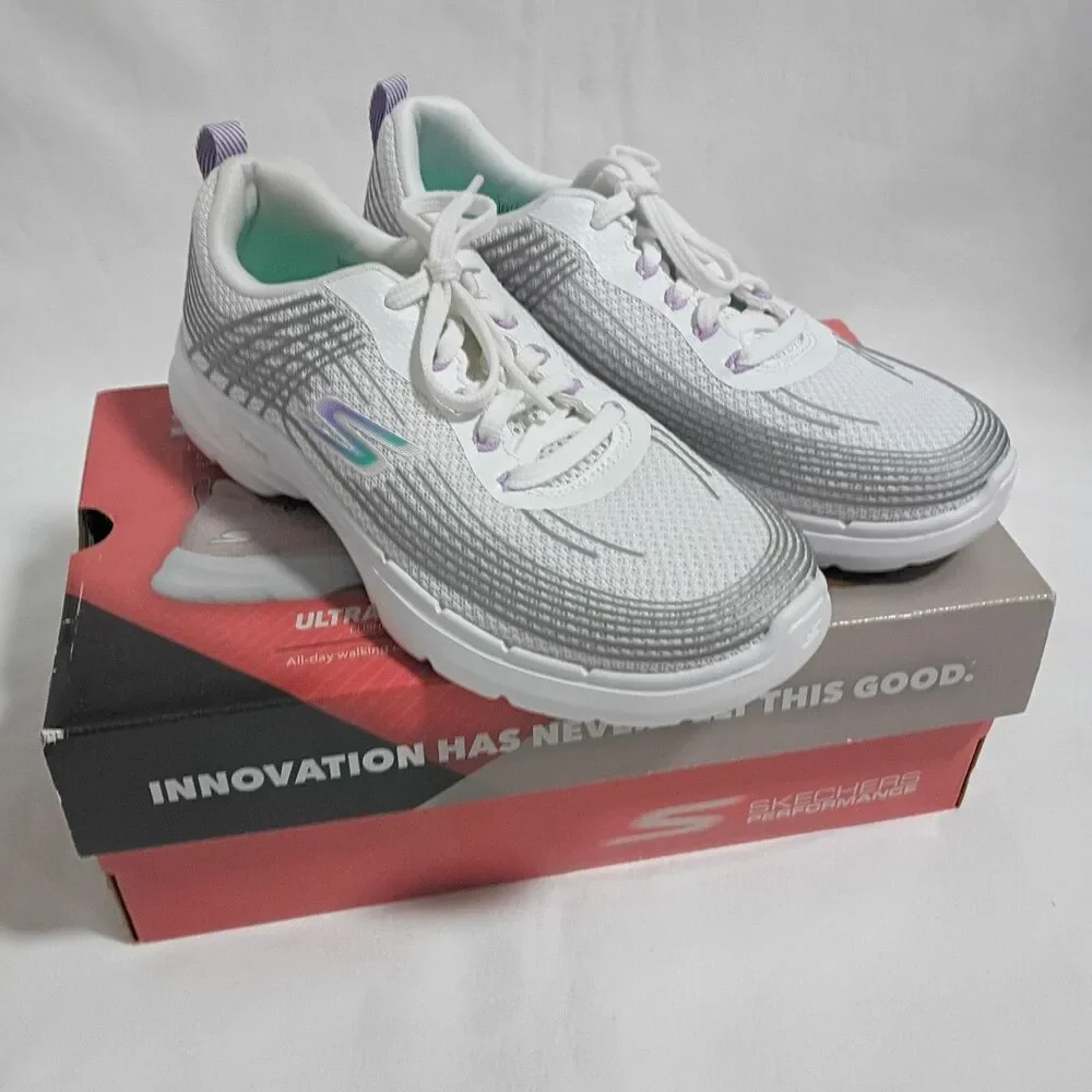 SKECHERS GO WALK 6 Women’s Size 6.5 White Lilac Sneakers 124554 EUC